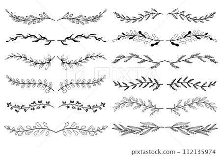 Floral ornament dividers set in hand drawn design. Leaves and twigs engraving elements. Bundle of botanical ornaments scrolls decoration and decorative branch. Illustration isolated collection. 112135974