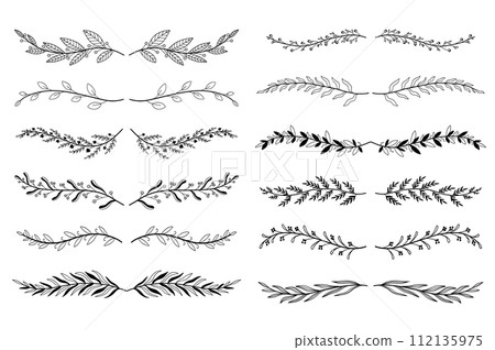 Floral ornament dividers set in hand drawn design. Herbs and twigs vignetting elements. Bundle of botanical ornaments scrolls decoration and decorative branch. Illustration isolated collection. 112135975