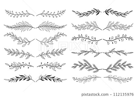 Floral ornament dividers set in hand drawn design. Herbs, twigs, flowers and plants. Bundle of botanical ornaments scrolls decoration and decorative branch. Illustration isolated collection. 112135976
