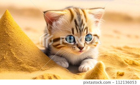 Small cute kitten on the sandy beach, closeup. Little fluffy cat on the coast, plays in the sand. with copy space 112136053