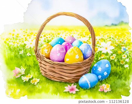 Beautiful easter card with colorful eggs in a wicker basket against the background of a field of flowers. Banner or card for Easter 112136128
