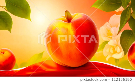 Close-up of peach and green leaves on a soft pink background. Banner with ripe peaches fruits, Copy space Close-up of peach and green leaves on a soft pink background. Banner with ripe peaches fruits, Copy space 112136190