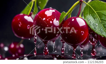 Red cherry close-up with water drops on black. Banner with red cherries berry and green leaves, juicy splash 112136203