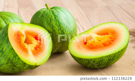 Melon close up on wooden table. Melons whole and piece, fruit banner with Copy Space Melon close up on wooden table. Melons whole and piece, fruit banner with Copy Space 112136229