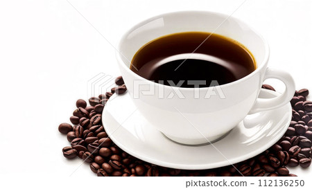Cup of Coffee isolated on white background, with Copy Space. Hot coffee drink with coffee beans 112136250
