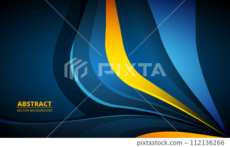 Abstract dark blue minimal background with yellow and blue colored dynamic wave shapes. Graphic design background template with curve shapes Abstract dark blue minimal background with yellow and blue colored dynamic wave shapes. Graphic design background template with curve shapes 112136266