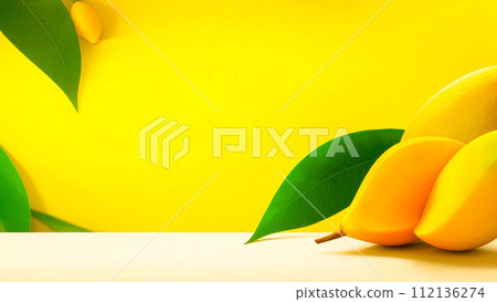 Mango with green leaves on a yellow background. Banner with ripe Mango fruits, with Copy Space 112136274