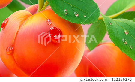 Peach close up with water drops and green leaves. Fresh peaches fruits Peach close up with water drops and green leaves. Fresh peaches fruits 112136276