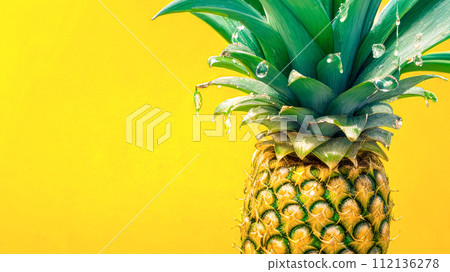 Pineapple close up with water drops and green leaves isolated on yellow. Banner with ripe fresh Pineapple fruit, with Copy Space 112136278