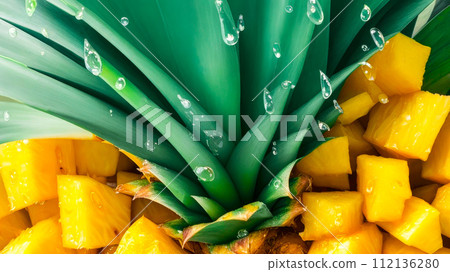 Pineapple top and pieces with water drops. Banner with ripe fresh Pineapple fruit Pineapple top and pieces with water drops. Banner with ripe fresh Pineapple fruit 112136280