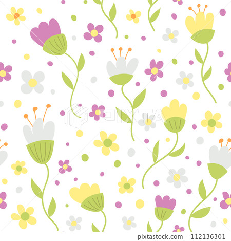 Vector seamless pattern with hand drawing flowers, colorful botanical illustration. 112136301
