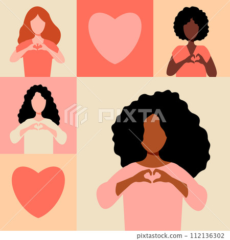 International Women s Day concept. Diverse women with heart-shaped hands stand together. 112136302