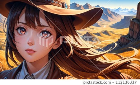 Portrait of a beautiful cowgirl in a hat against a mountain landscape 112136337