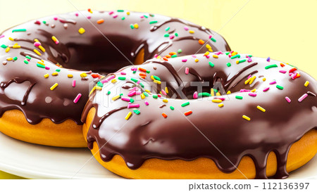 Donuts with chocolate glaze and sprinkles, on yellow background. Set of chocolate doughnuts Close-up 112136397