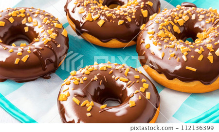 Donuts with chocolate glaze and sprinkles, on green background. Set of chocolate doughnuts Close-up 112136399