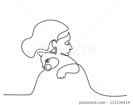Woman with cat on her shoulder. Continuous one line drawing 112136414