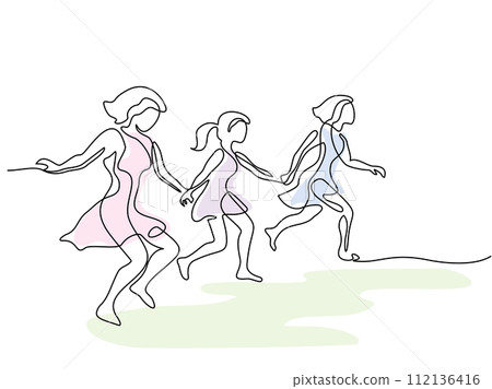 Happy Girls friends run through meadow holding hands. 112136416