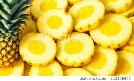 Pineapple slices and whole. Banner with fresh Pineapple slice fruit 112136465