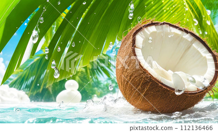 Coconut in water splash. Fresh coconut whole and cut in half with palm leaf on the beach. Cracked Coco nut Coconut in water splash. Fresh coconut whole and cut in half with palm leaf on the beach. Cracked Coco nut 112136466