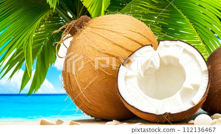 Coconut exotic nourishment on the beach with palm leaf in blue sky background. Creative healthy food concept, half of Coco nut, nature 112136467