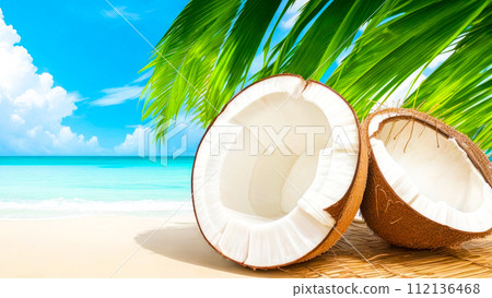 Coconut exotic nourishment on the beach with palm leaf in blue sky background. Creative healthy food concept, half of Coco nut, nature 112136468