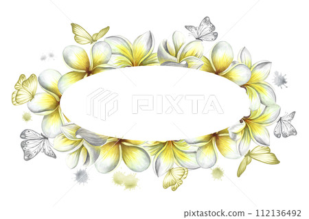 Oval frame with plumeria and butterflies, tropical fragrant frangipani flowers. Hand-drawn watercolor illustration. For packaging and labels. For posters, flyers, greeting cards and invitations. 112136492