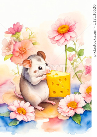 Cute little mouse eating cheese, in watercolor art style. With copy space Cute little mouse eating cheese, in watercolor art style. With copy space 112136520