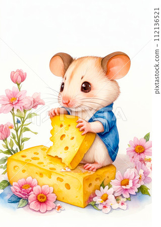Small cute mouse eating piece of cheese on white background, in watercolor art style. With copy space Small cute mouse eating piece of cheese on white background, in watercolor art style. With copy space 112136521
