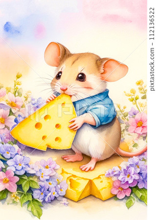 Small cute mouse eating piece of cheese, in watercolor art style. With copy space Small cute mouse eating piece of cheese, in watercolor art style. With copy space 112136522