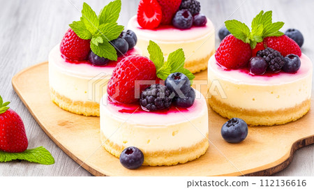 A collection of miniature Cheesecakes with fresh berries and mint. Birthday Cheese cake, a sweet and colorful dessert A collection of miniature Cheesecakes with fresh berries and mint. Birthday Cheese cake, a sweet and colorful dessert 112136616