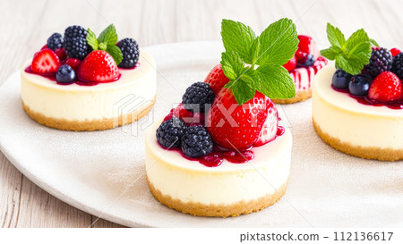 Set of mini Cheesecake with red berries syrup, fresh berries and mint, on light background. Birthday Cheese cake, a sweet and colorful dessert Set of mini Cheesecake with red berries syrup, fresh berries and mint, on light background. Birthday Cheese cake, a sweet and colorful dessert 112136617