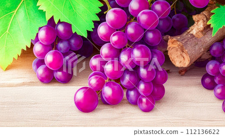 Purple Grapes close-up on a branch with leaves. A branch of grapes lies on a wooden table 112136622