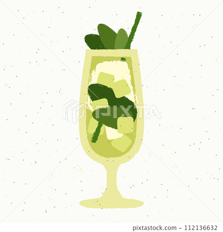Green cocktail with leaves and ice cubes. Alcoholic drink with cream. Stemware with soda 112136632