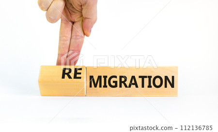 Migration or remigration symbol. Concept word Migration Remigration on beautiful wooden cubes. Beautiful white background. Businessman hand. Business migration or remigration concept. Copy space. 112136785
