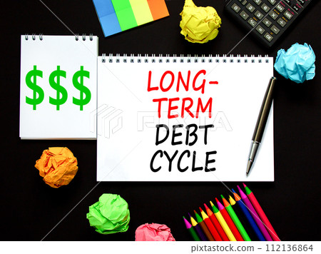 Long-term debt cycle symbol. Concept words Long-term debt cycle on beautiful white note. Beautiful black table black background. Calculator. Business Long-term debt cycle concept. Copy space. 112136864