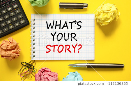 Storytelling what is your story symbol. Concept words What is your story on white note. Beautiful yellow background. Black pen. Calculator. Business storytelling what is your story concept. Copy space 112136865