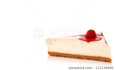 Piece of Cheesecake with Strawberries isolated on white background, with copy space for text. Idea for banner or postcard, for design. Delicious berry cheesecake 112136890
