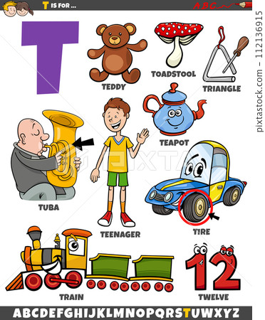 Letter T set with cartoon objects and characters 112136915