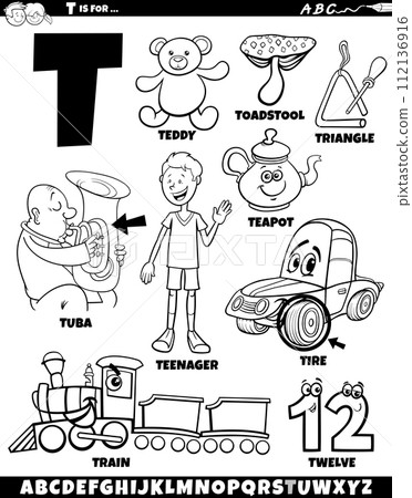Letter T set with cartoon objects and characters coloring page 112136916