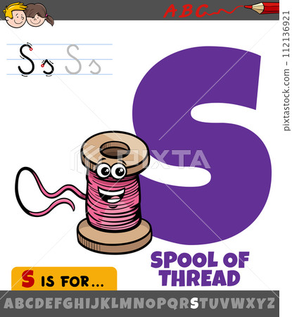 letter S worksheet with cartoon spool of thread 112136921