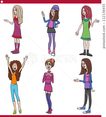 cartoon young woman funny characters humorous set 112136935