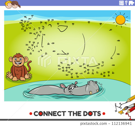 connect the dots activity with cartoon hippo and monkey animals 112136941