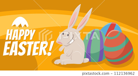 cartoon Easter bunny with painted eggs greeting card 112136962