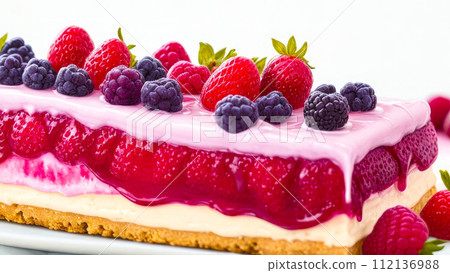 Delicious Berry Cake close-up on white. Cake with cream and berry sauce, fresh Berries. Decorate for the celebration or holiday 112136988