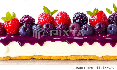 Delicious Berry Cake close-up on white. Cake with cream and berry sauce, fresh Berries. Decorate for the celebration or holiday 112136989
