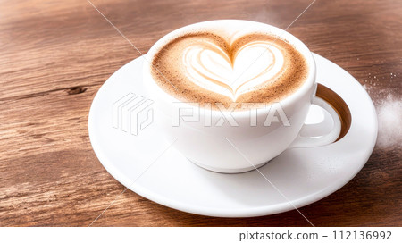 Cup of Coffee on a wooden background, with Copy Space. Hot coffee drink, foam in the shape of a heart 112136992