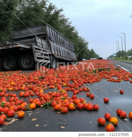 Mishap has occurred on country lane, where truck laden with tomatoes has tipped, spilling its cargo onto the road. Accident, incident, insured event, financial loss 112137095