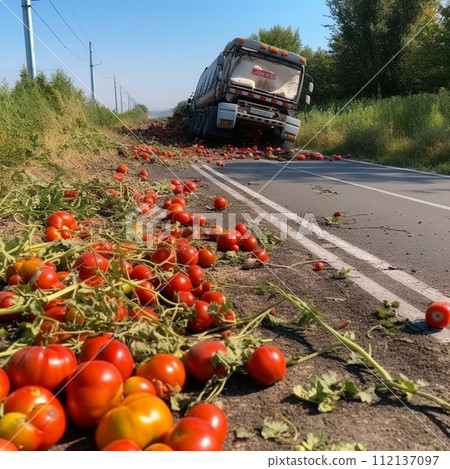 Mishap has occurred on country lane, where truck laden with tomatoes has tipped, spilling its cargo onto the road. Accident, incident, insured event, financial loss 112137097