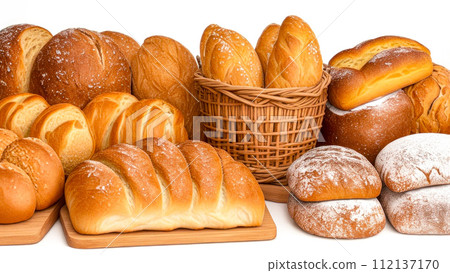 Assortment of baked bread. Loaf of bread with golden crispy crust, Banner with different breads on white 112137170