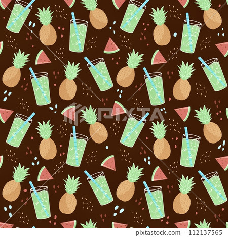 Seamless tropical pattern with watermelon slice, pineapple and cocktail on brown background. 112137565